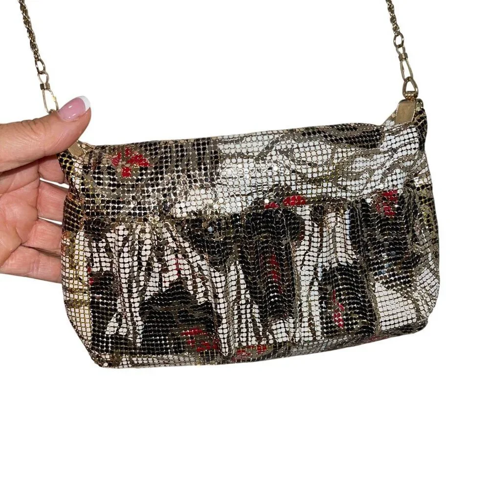 Vintage Womens Clutch Bag Multicolor Chain Mesh Rose Pattern Convertible